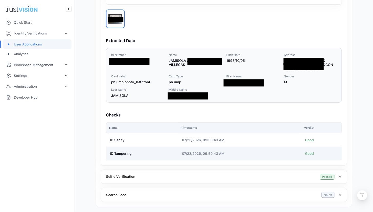 Application detail Document Verification section with Extracted Data and ID Sanity / ID Tampering results