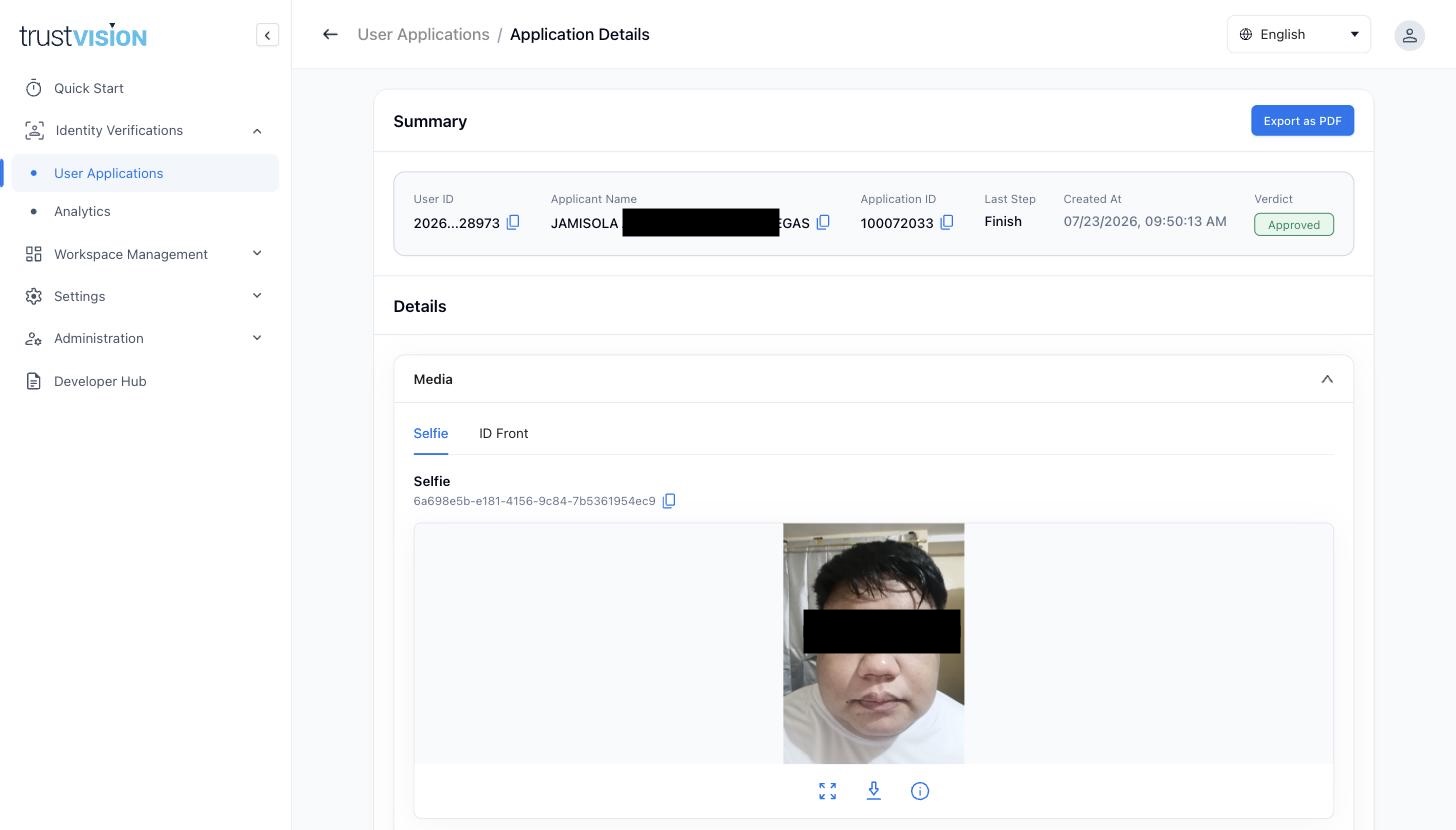 Application detail Media section, Selfie tab