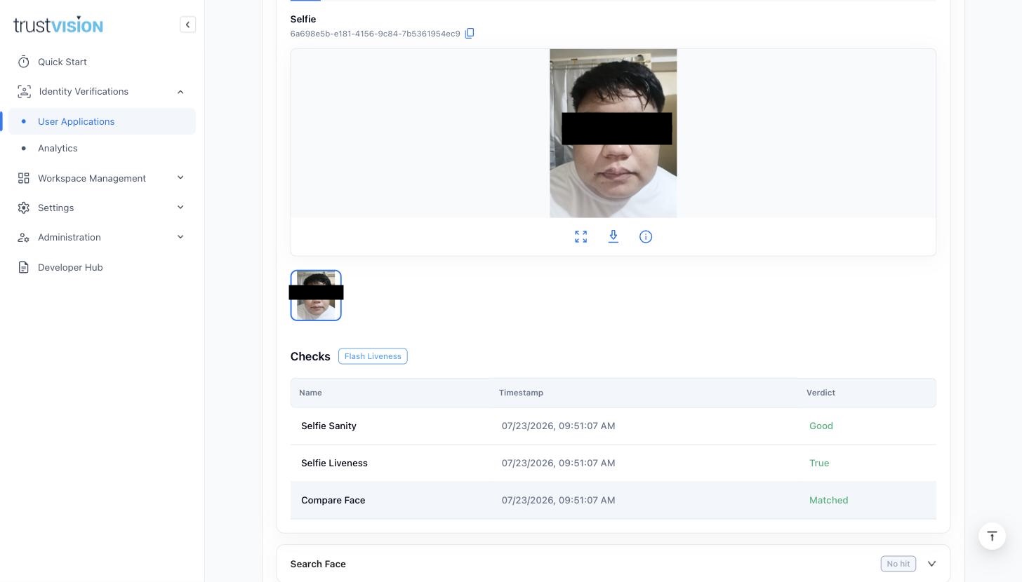 Application detail Selfie Verification section with liveness mode and Selfie Sanity / Selfie Liveness / Compare Face results