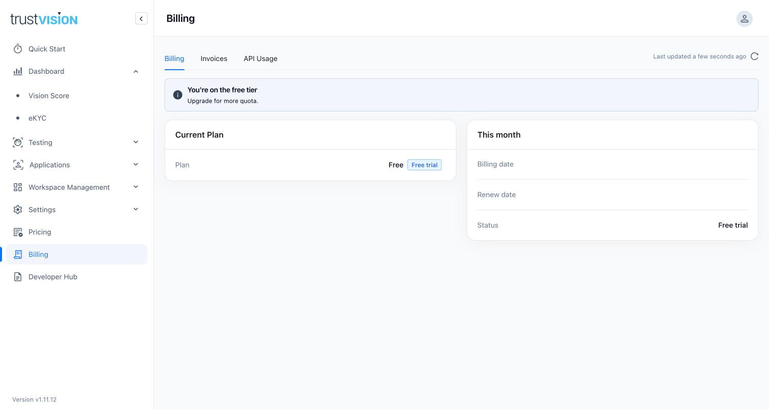 Billing tab showing current plan, billing date, renewal date, and status