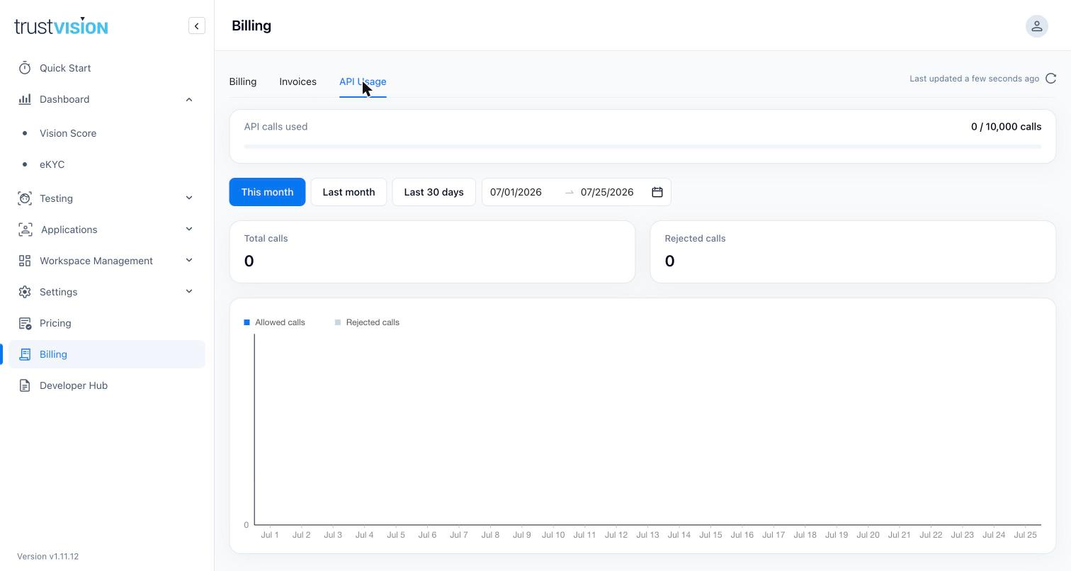 API Usage tab showing calls used against quota, total vs. rejected calls, and a daily usage chart