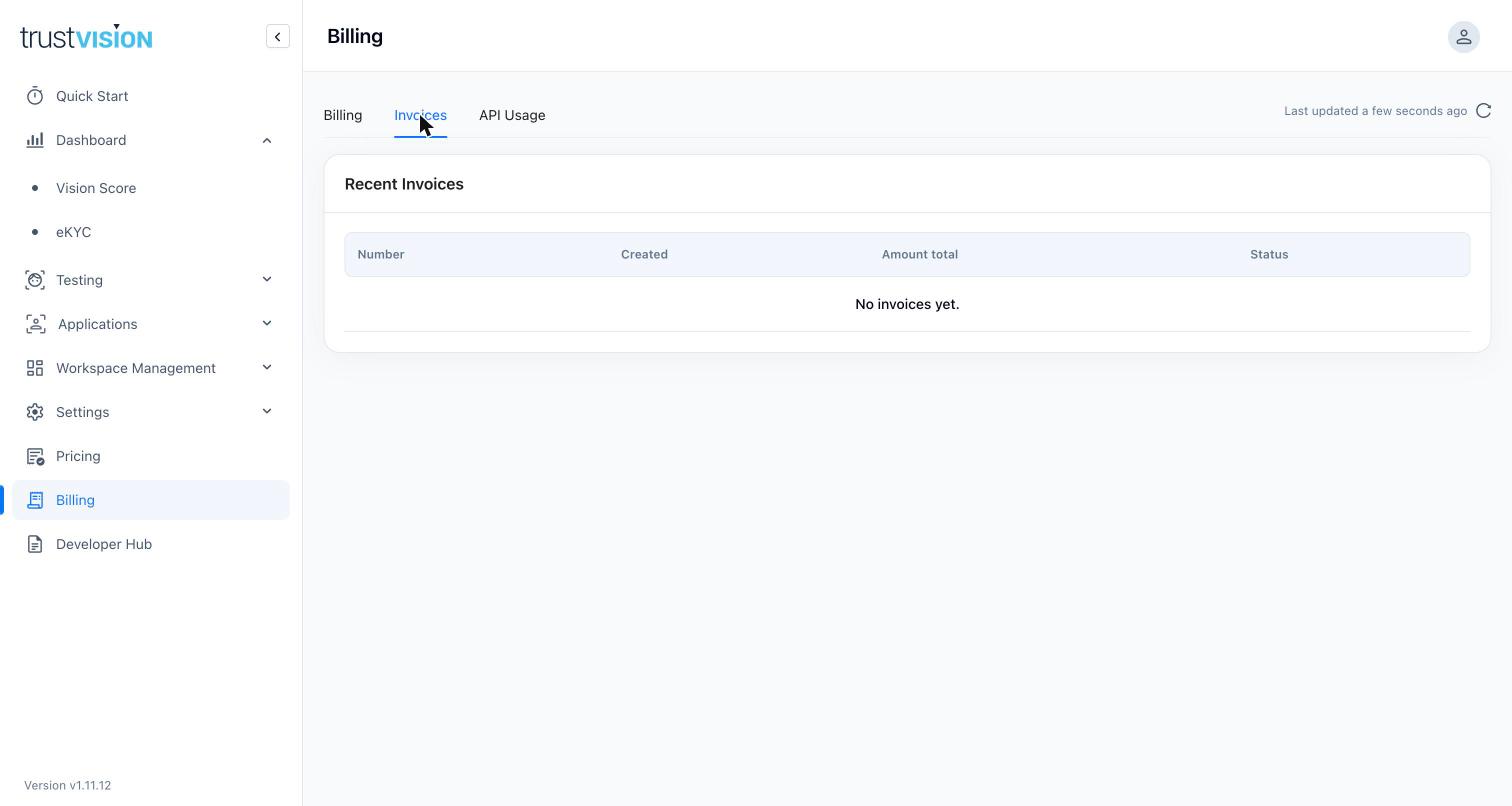 Invoices tab listing past invoices, empty until the first billing cycle completes