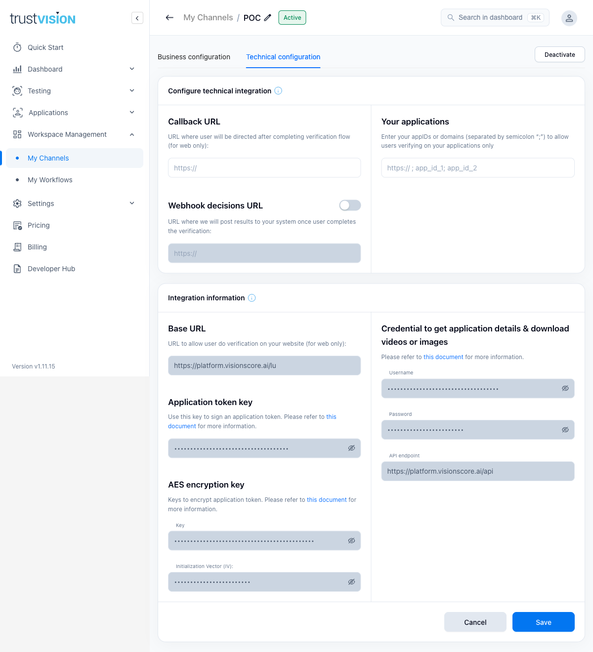 Technical configuration tab showing Callback URL, Webhook decisions URL, Your applications, Base URL, and channel credentials
