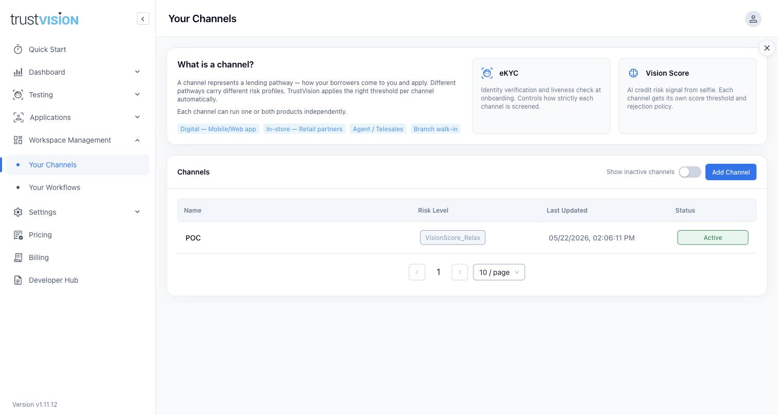 Your Channels list showing each configured lending pathway