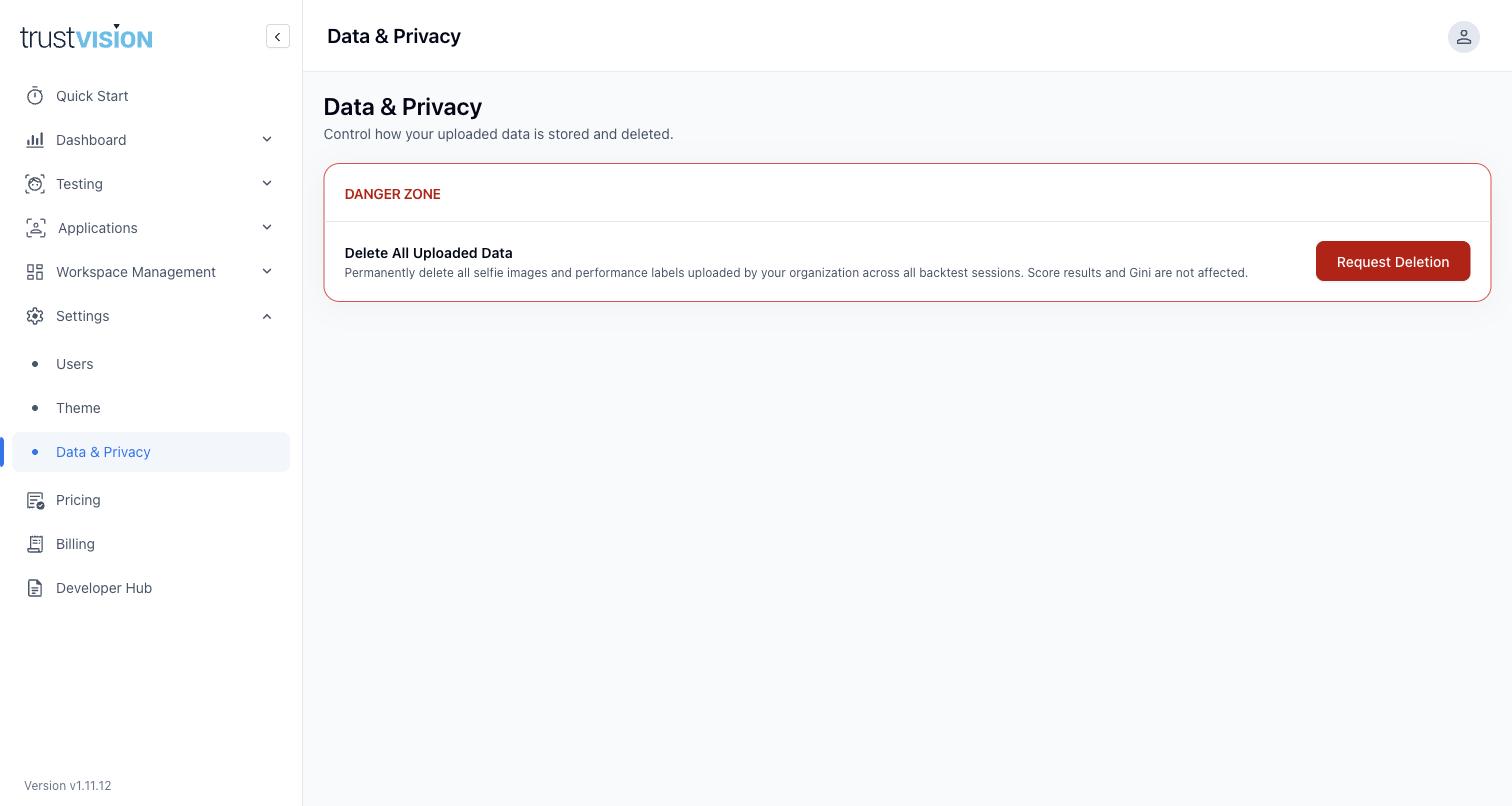 Data & Privacy screen with the option to delete all uploaded selfie images and performance labels