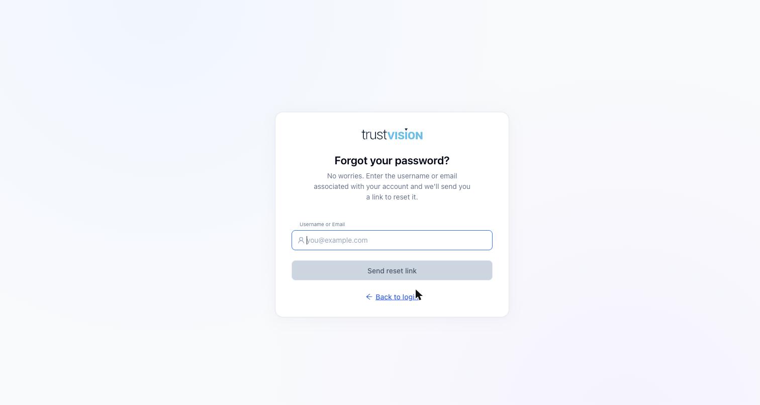 Forgot Password screen to request a reset link by username or email