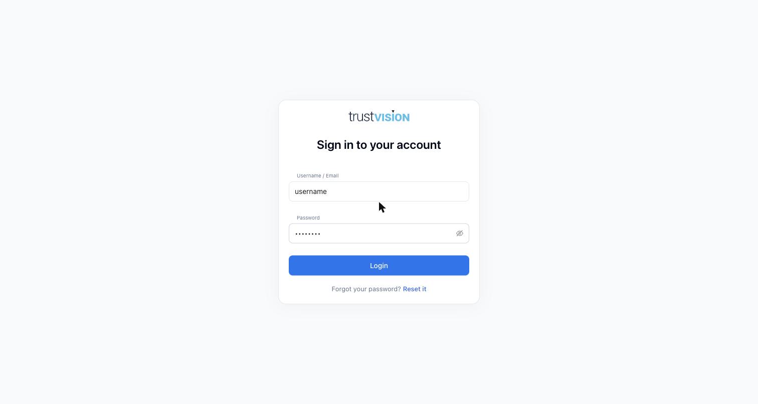 Trust Central login screen with Username/Email and Password fields