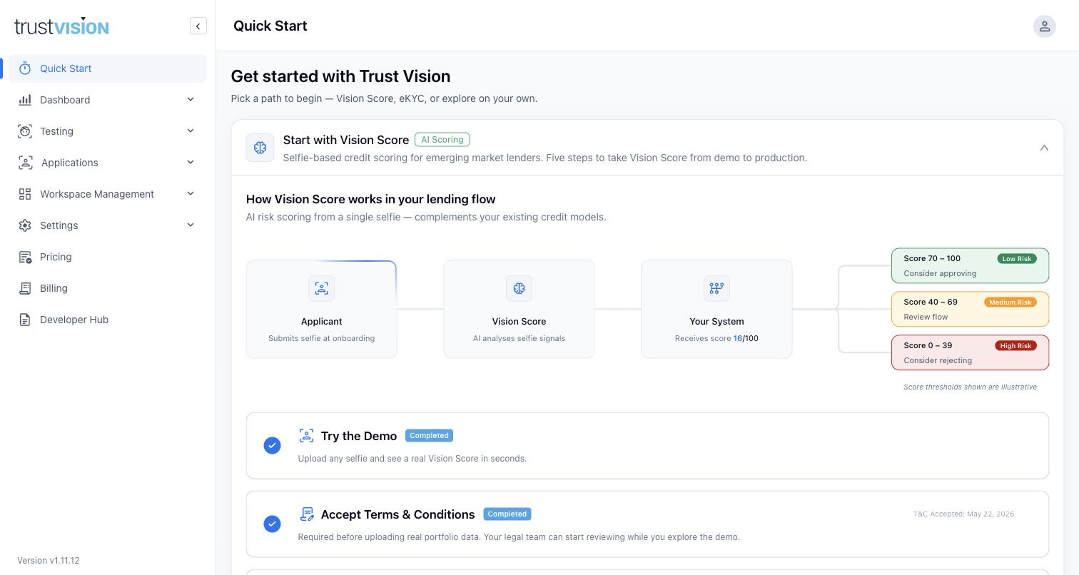 Trust Central Quick Start screen — the entry point into either product, with a five-step path from demo to production