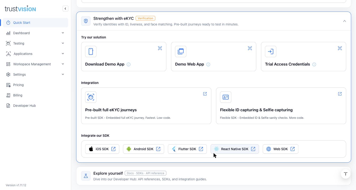 The eKYC section expanded: three ways to try it, two integration approaches, and the five client SDKs