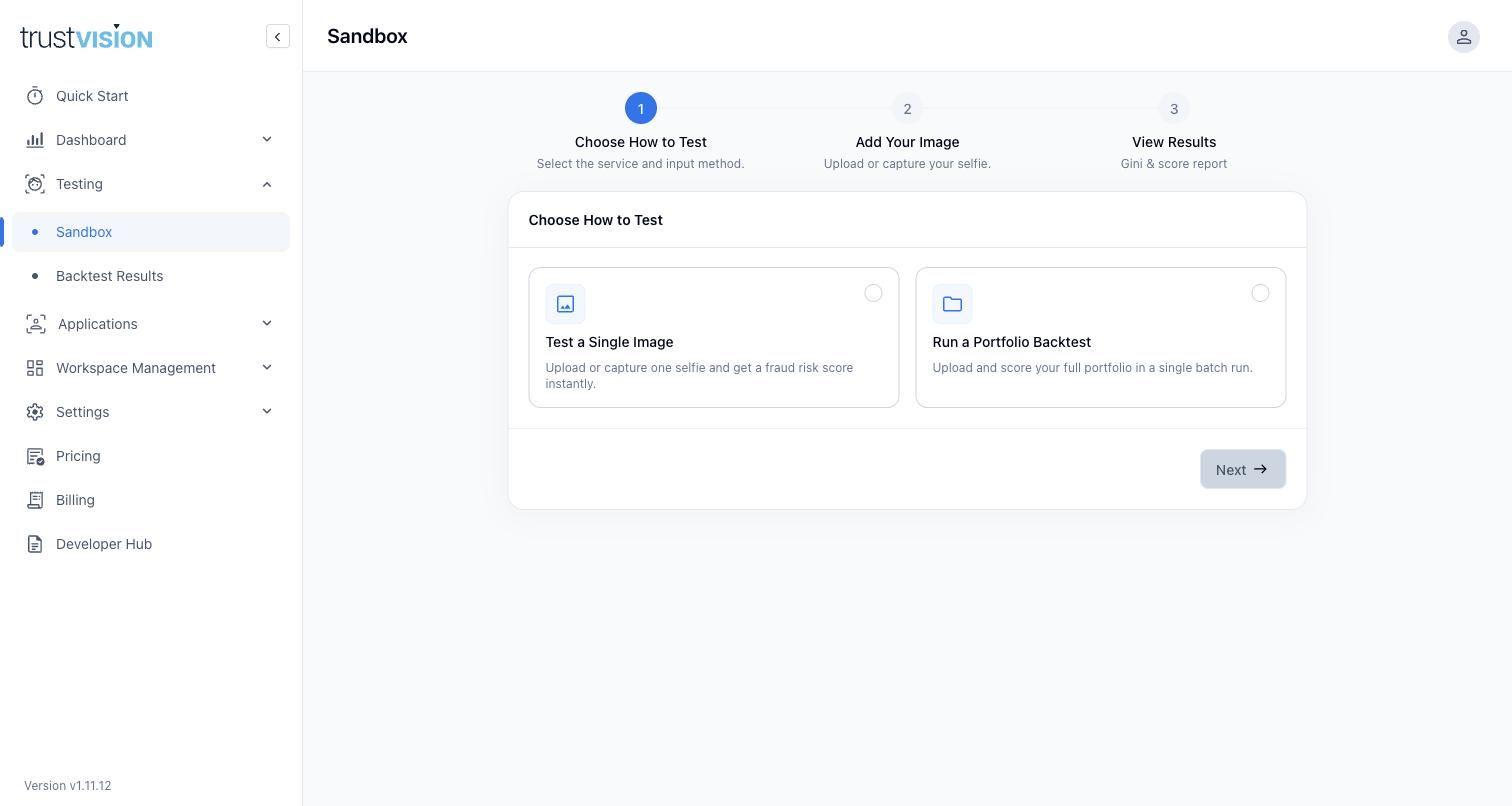 Sandbox screen for testing eKYC and Vision Score without an integration
