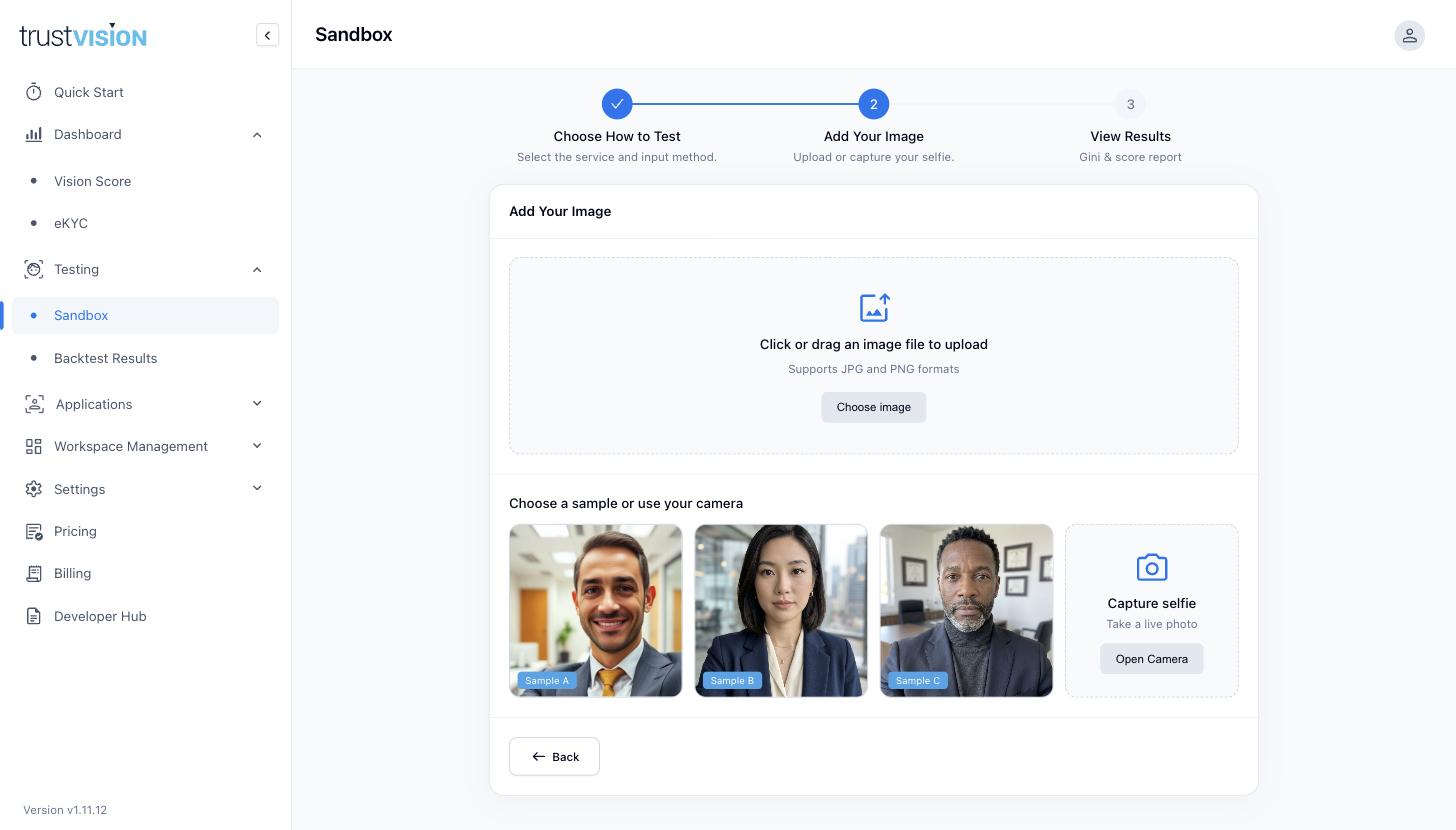 Sandbox Add Your Image step, uploading or capturing selfies for the test