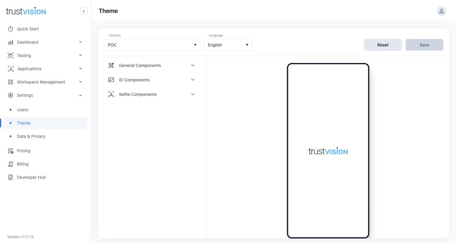 Theme editor with General, ID, and Selfie component categories and a live mobile-frame preview
