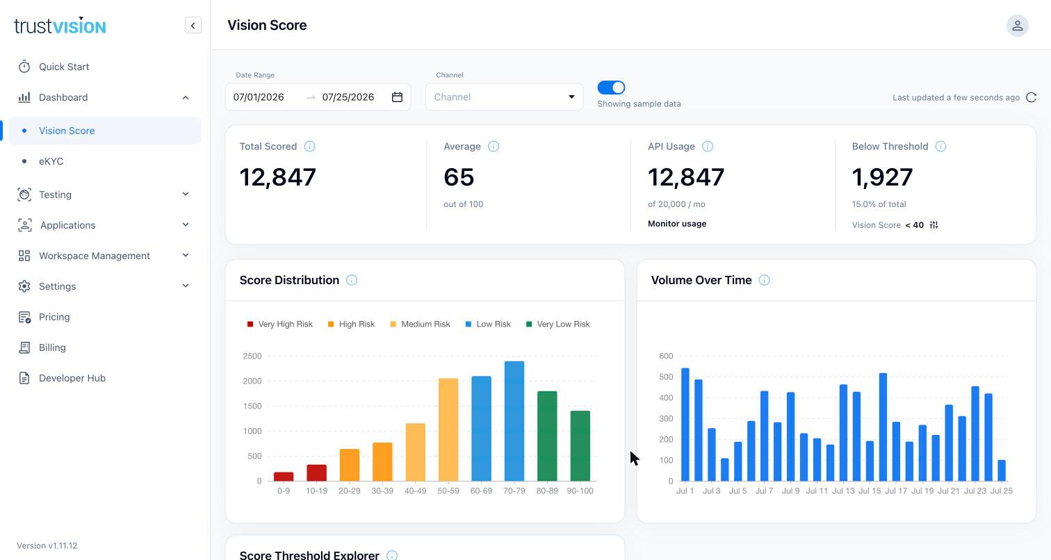 Vision Score Dashboard showing total scored, average score, score distribution, and volume over time