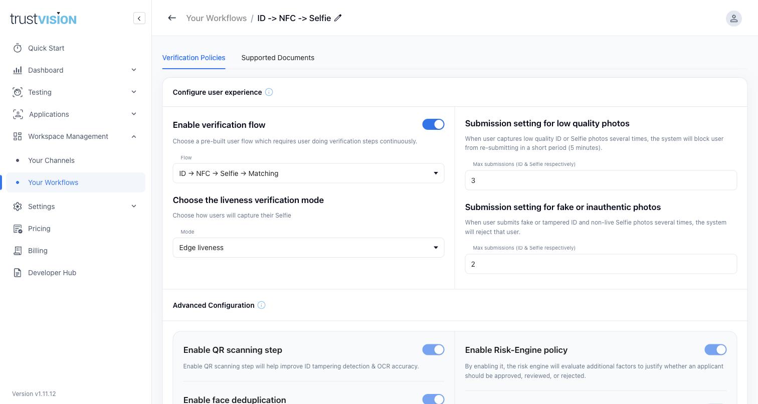 Workflow detail screen with Verification Policies and Supported Documents configuration